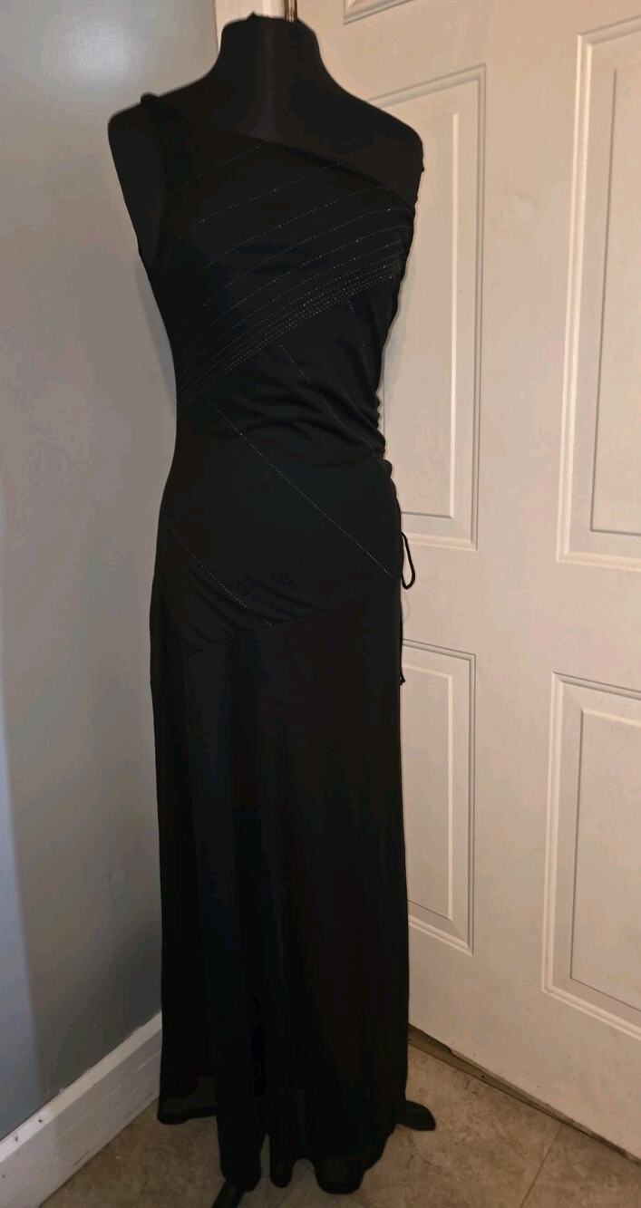 Vintage 90s Byer Too Black Midi Sparkle Shimmer Formal Dress One Shoulder USA L